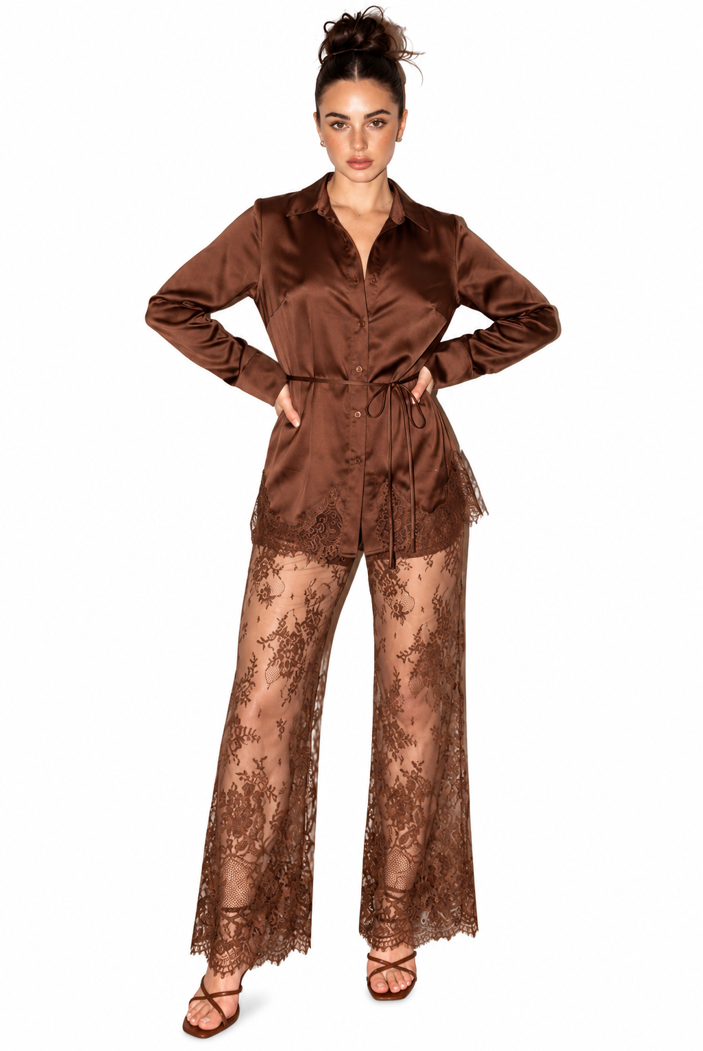 Chocolate Satin & Lace Two-Piece Set