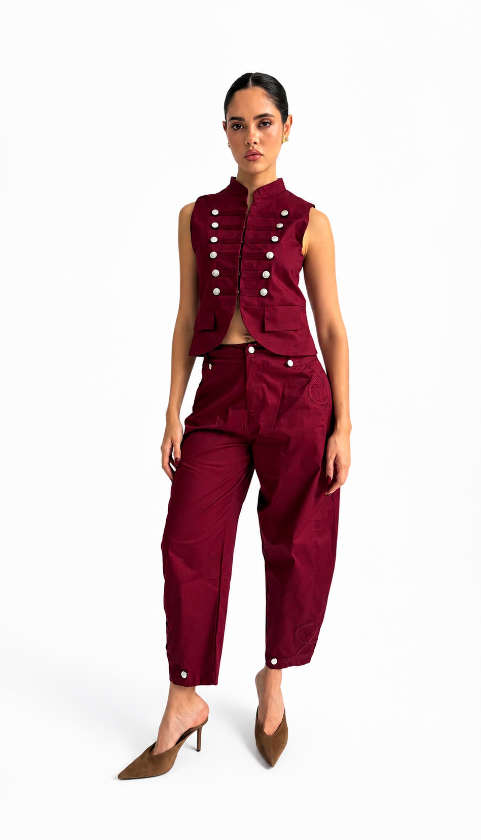 Burgundy Military-Inspired Two Piece Set