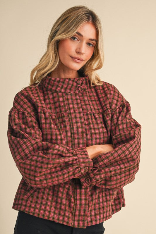 Plaid Balloon Sleeve Jacket
