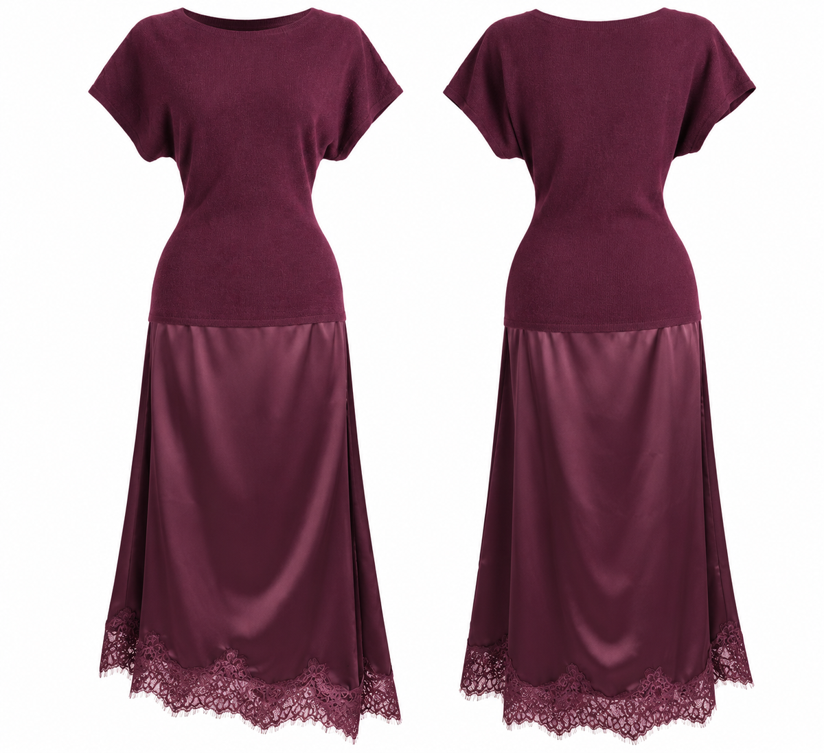Burgundy Satin & Knit Maxi Dress