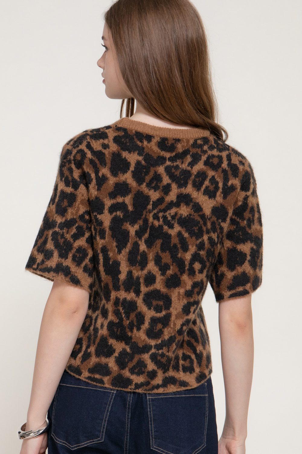 Leopard Knit Short Sleeve Sweater