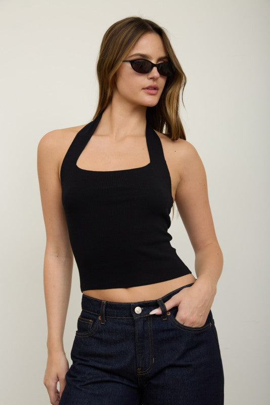 Monica square halter sweater knit top