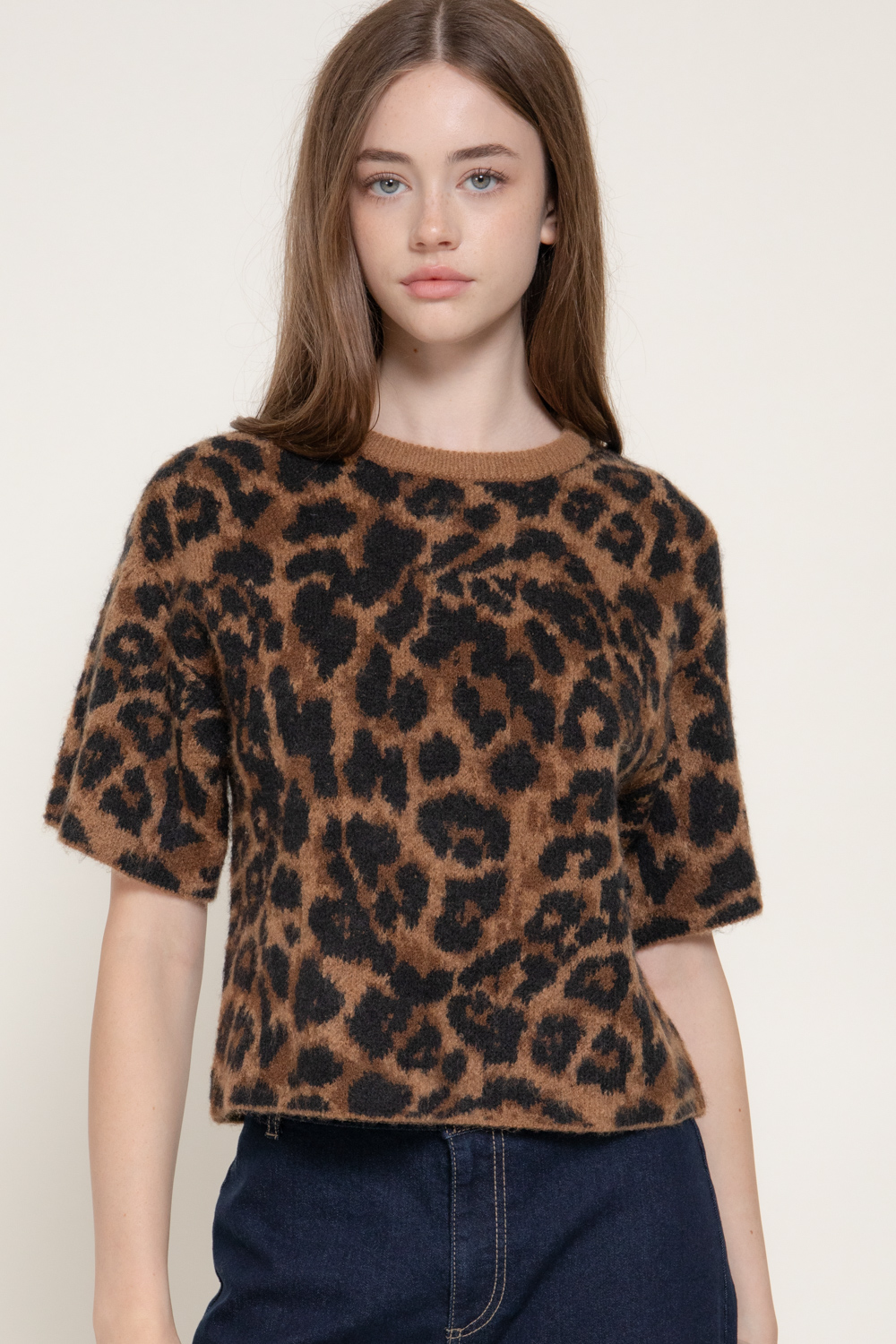 Leopard Knit Short Sleeve Sweater