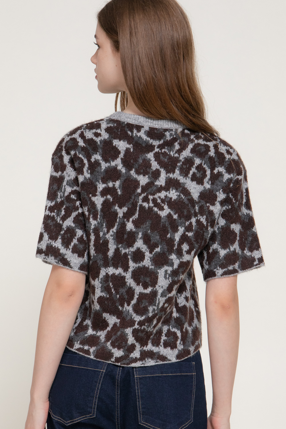 Leopard Knit Short Sleeve Sweater