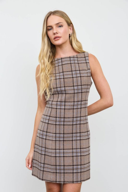 Taupe Classic Plaid Mini Dress