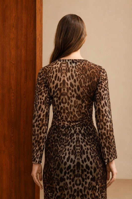 Anabel leopard sheer mesh button down knit crop top