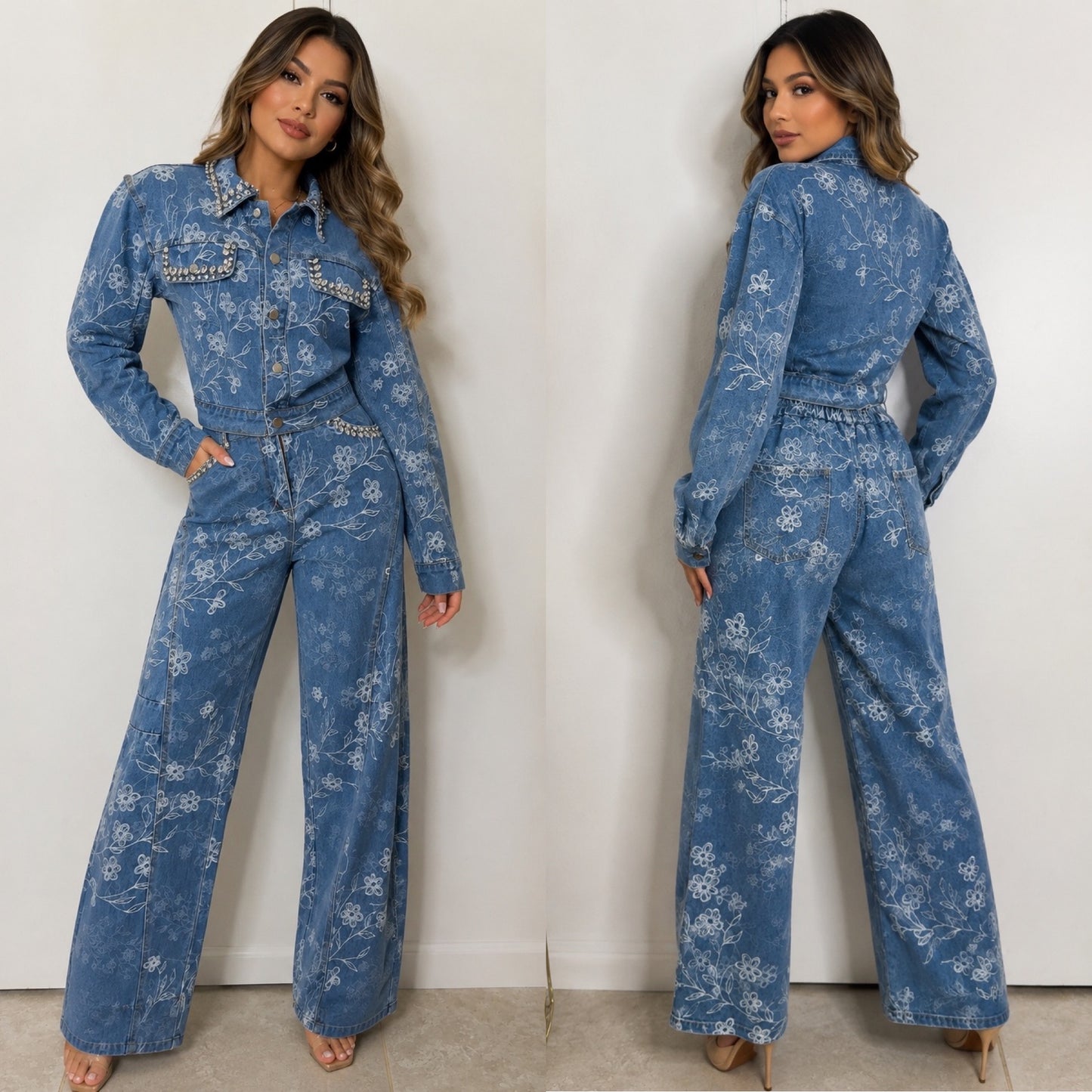 Floral rhinestones denim set