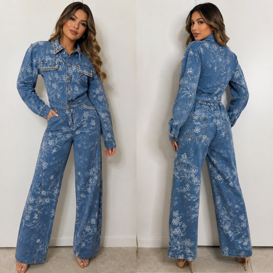 Floral rhinestones denim set