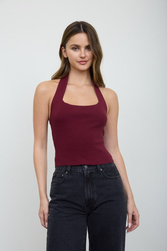 Monica square halter sweater knit top