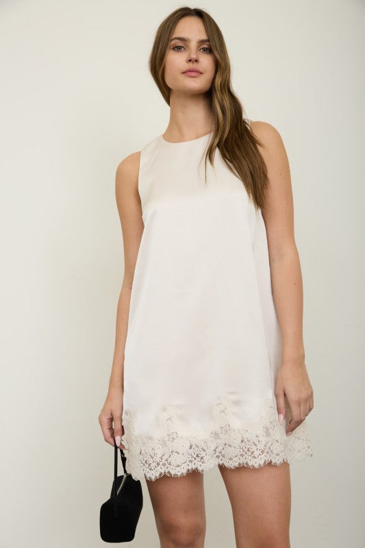 Satin lace hem sleeveless mini dress