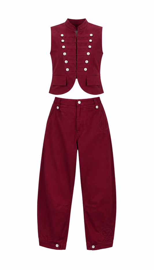 Burgundy Military-Inspired Two Piece Set