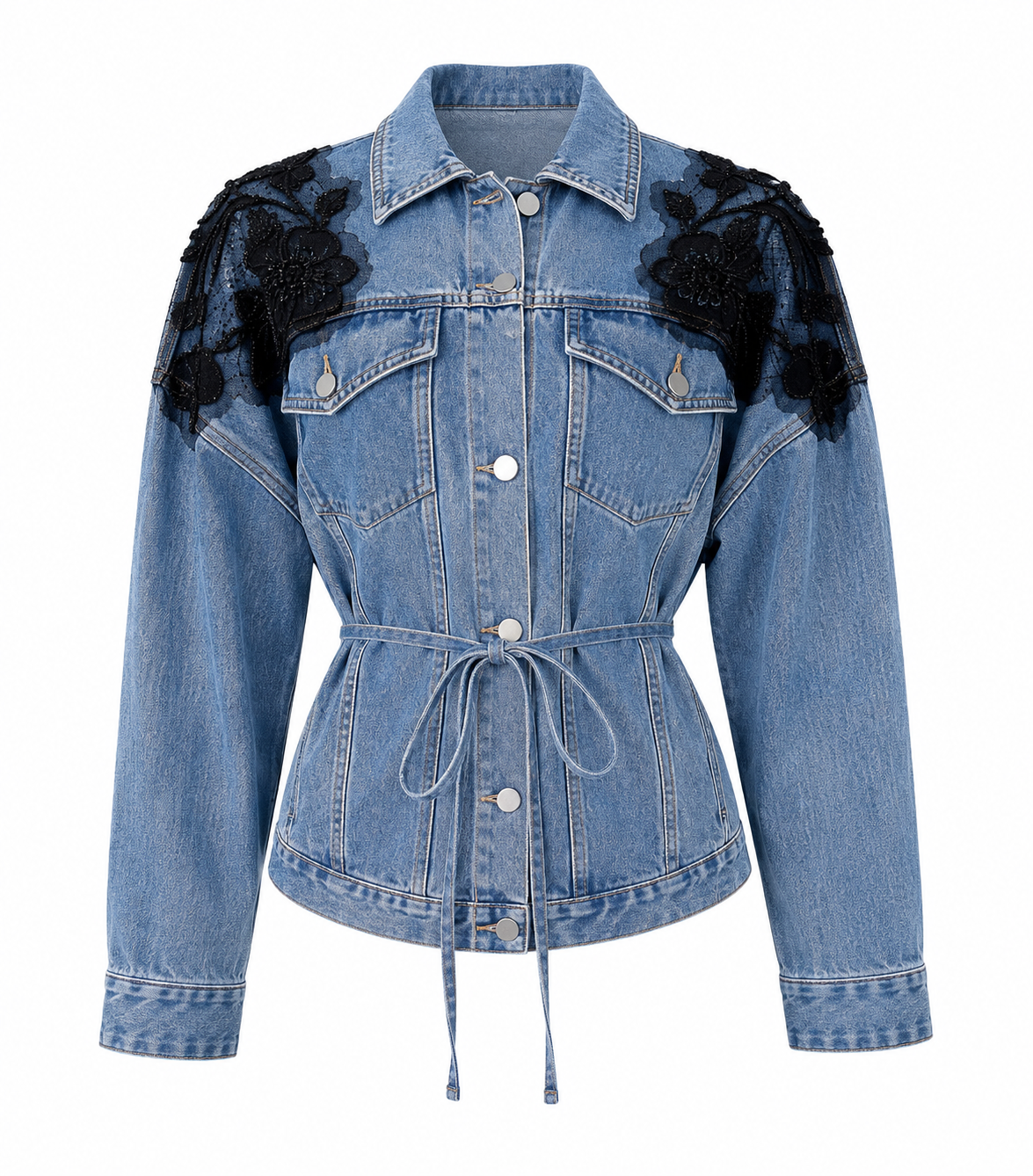 Black Floral Appliqué Oversized Denim Jacket