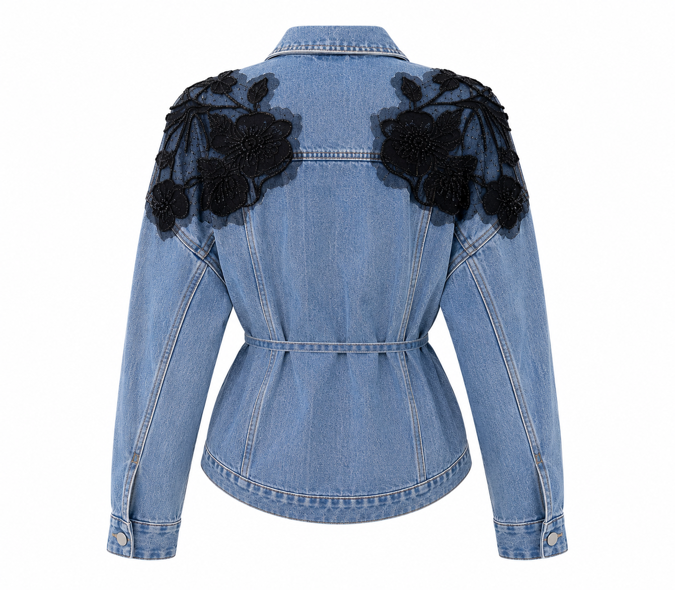 Black Floral Appliqué Oversized Denim Jacket