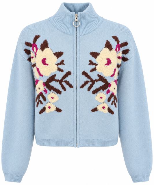Floral Zip-Up Knit Sweater