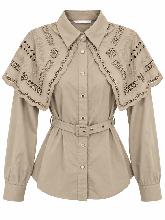 Khaki Embroidered Cape Blouse